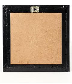 Back of wooden-framed Gajalakshmi idol, plain board with metal hanging bracket