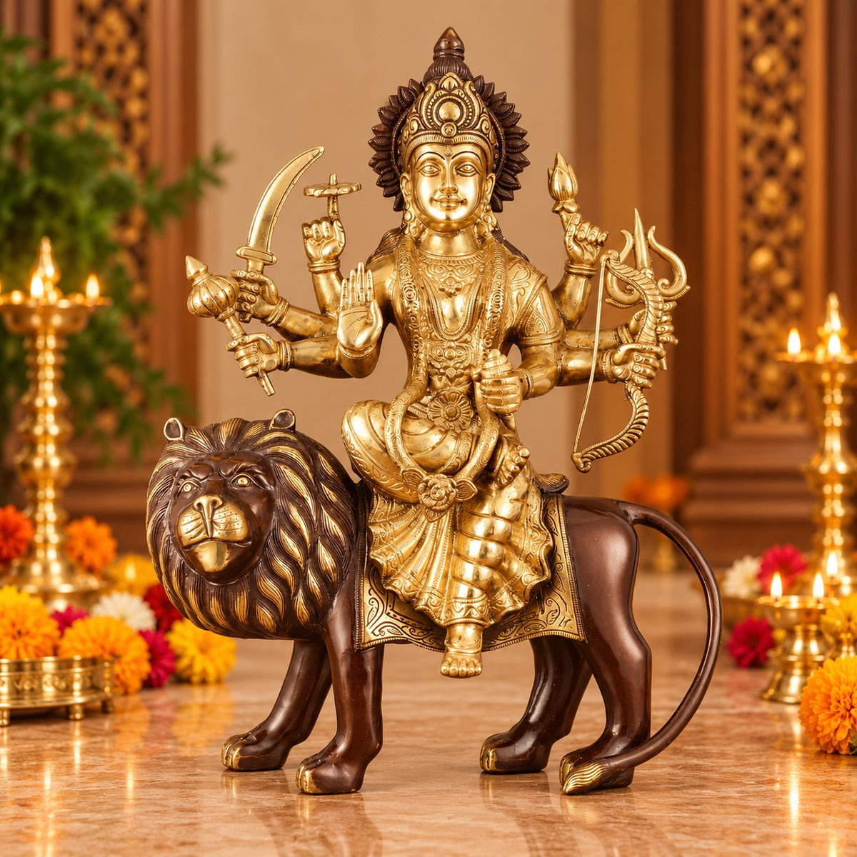 Pure Brass Ashtabhuja Goddess Durga Seated on Lion – Dual-Tone Finish (Height: 17 Inches)