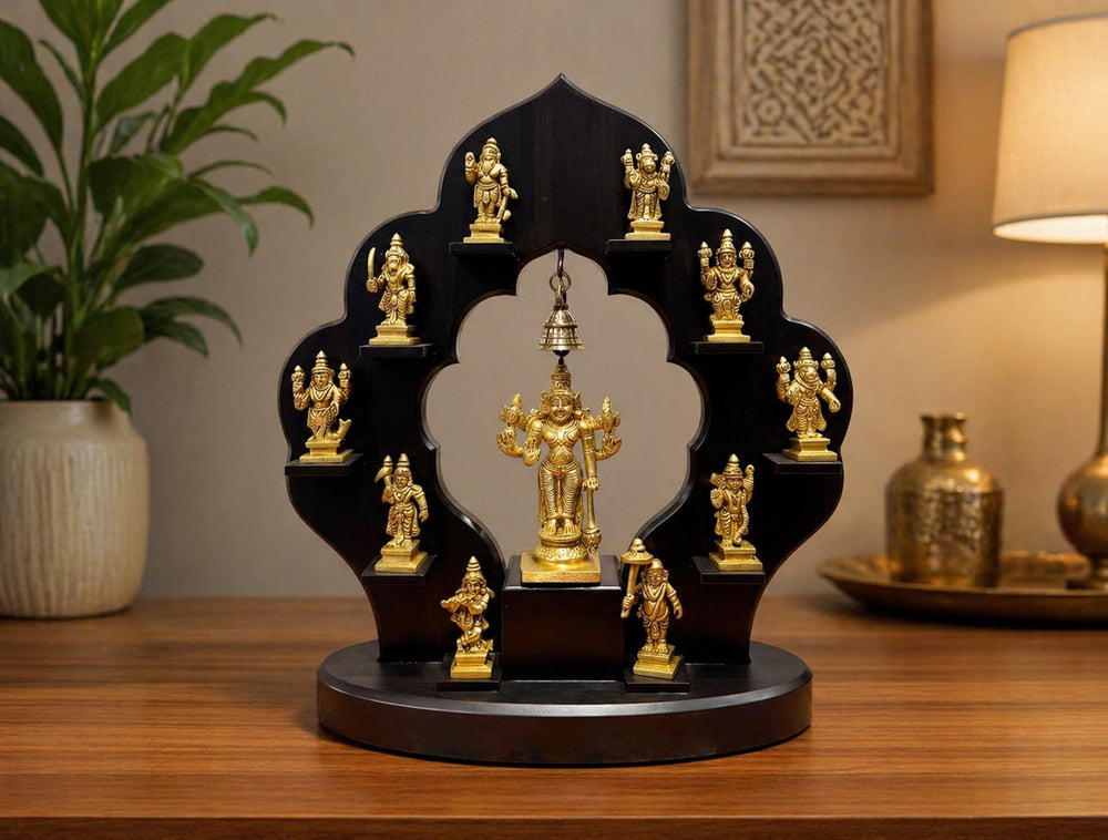 Brass Vishnu Dashavatar Idol with Black Wooden Stand – Ten Avatars Decorative Showpiece for Home & Temple Décor (Height:15 Inches)