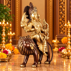 Pure Brass Ashtabhuja Goddess Durga Seated on Lion – Dual-Tone Finish (Height: 17 Inches)