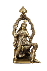 Golden finish brass Bagulamukhi Devi statue, seated figure with raised hand, 13.5 in