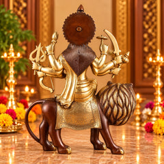 Pure Brass Ashtabhuja Goddess Durga Seated on Lion – Dual-Tone Finish (Height: 17 Inches)