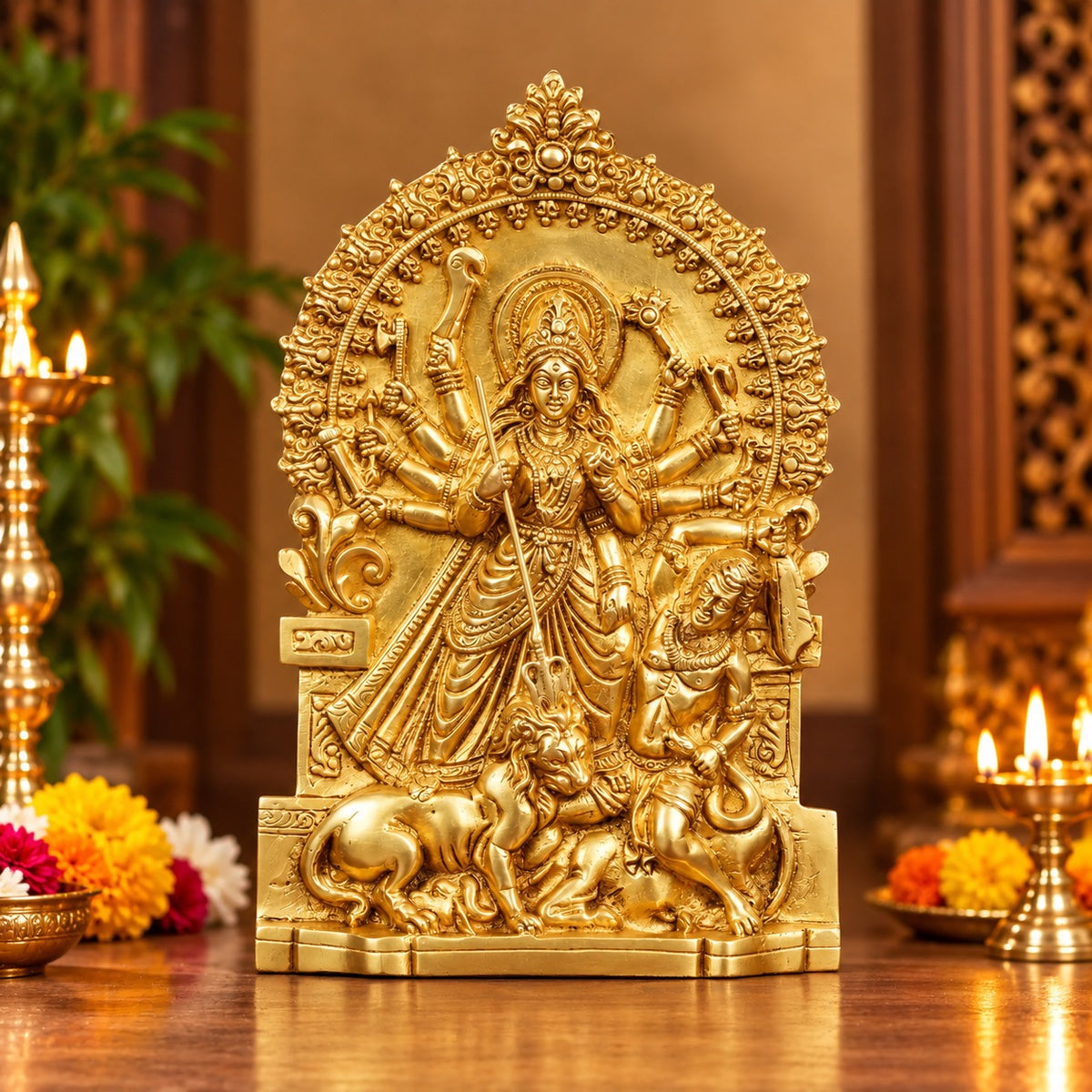 Pure Brass Goddess Durga Standing Statue – Traditional Religious Idol (Height: 10 Inches)