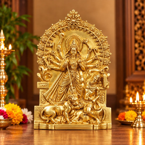 Pure Brass Goddess Durga Standing Statue – Traditional Religious Idol (Height: 10 Inches) Mandir Setting