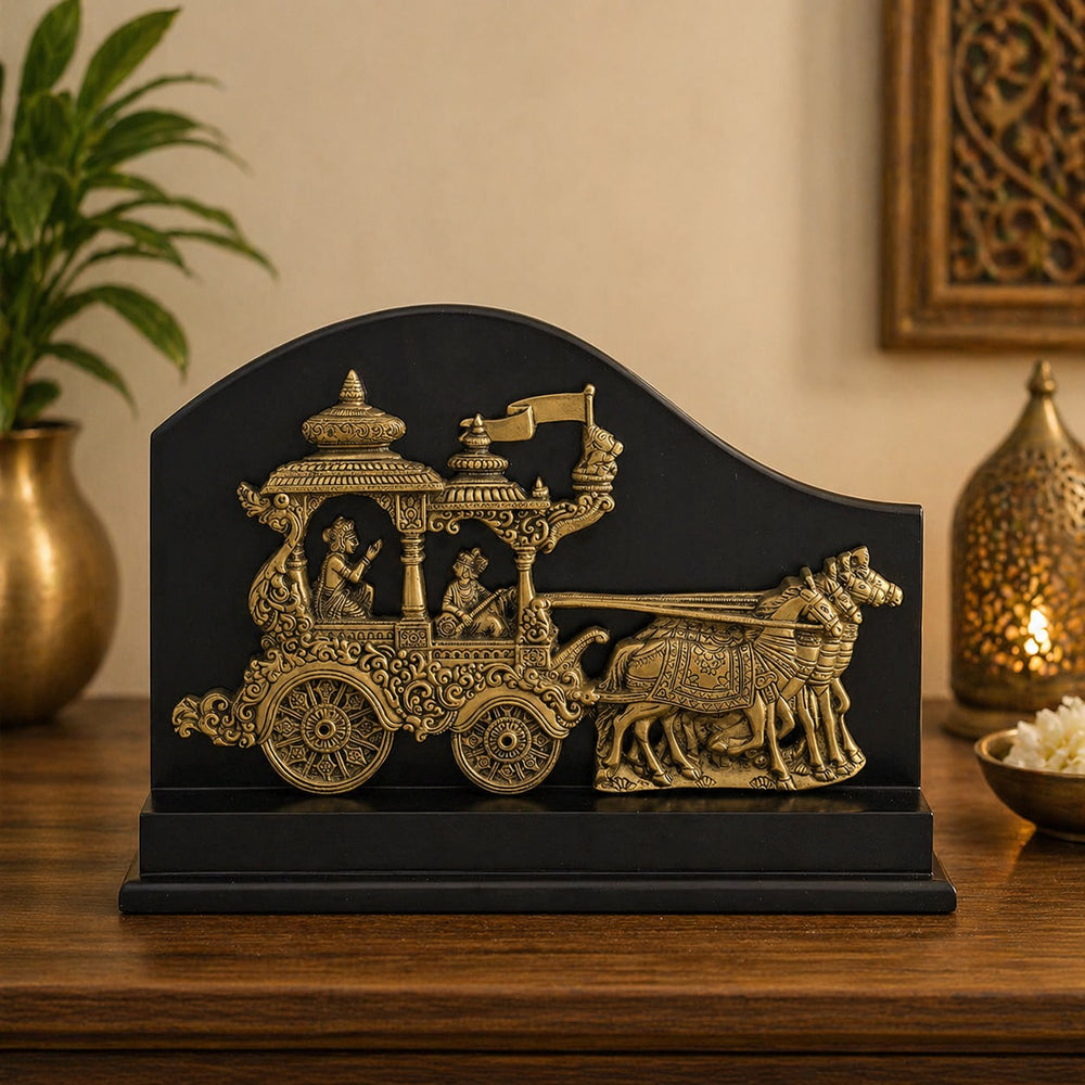 Brass Krishna Arjuna Rath Chariot with Four Horses on Wooden Base – Decorative Table Showpiece (Height:10 Inches)