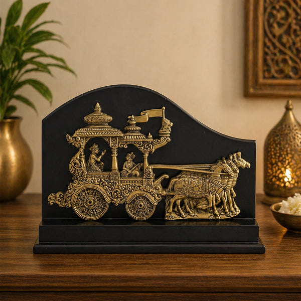 Brass Krishna Arjuna Rath Chariot with Four Horses on Wooden Base – Decorative Table Showpiece (Height:10 Inches)