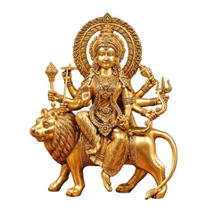 Pure Brass Goddess Durga Seated on Lion Statue for Home Temple (Height: 14.5 Inches)