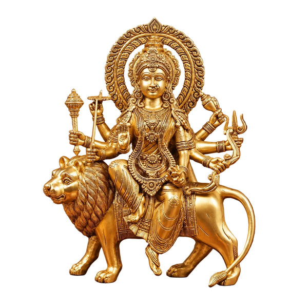 Pure Brass Goddess Durga Seated on Lion Statue for Home Temple (Height: 14.5 Inches) Entryway Setting
