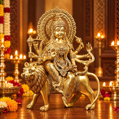 Pure Brass Goddess Durga Seated on Lion Statue for Home Temple (Height: 14.5 Inches)
