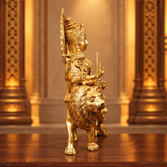 Pure Brass Goddess Durga Seated on Lion Statue for Home Temple (Height: 14.5 Inches)
