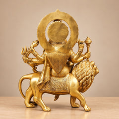 Pure Brass Goddess Durga Seated on Lion Statue for Home Temple (Height: 14.5 Inches)