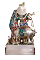 Brass Radha Krishna idol from side, decorative fan halo, cow and calf figures