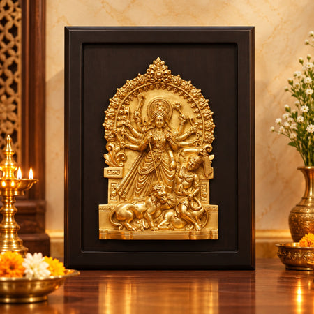 Brass Goddess Durga Wall Hanging with Decorative Frame – Traditional Divine Wall Décor (Height: 13 Inches)