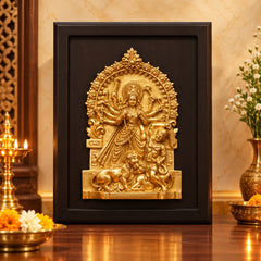 Brass Goddess Durga Wall Hanging with Decorative Frame – Traditional Divine Wall Décor (Height: 13 Inches)