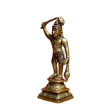 Karuppaswamy brass sculpture side view, raised arm overhead and hanging pot-like ornament