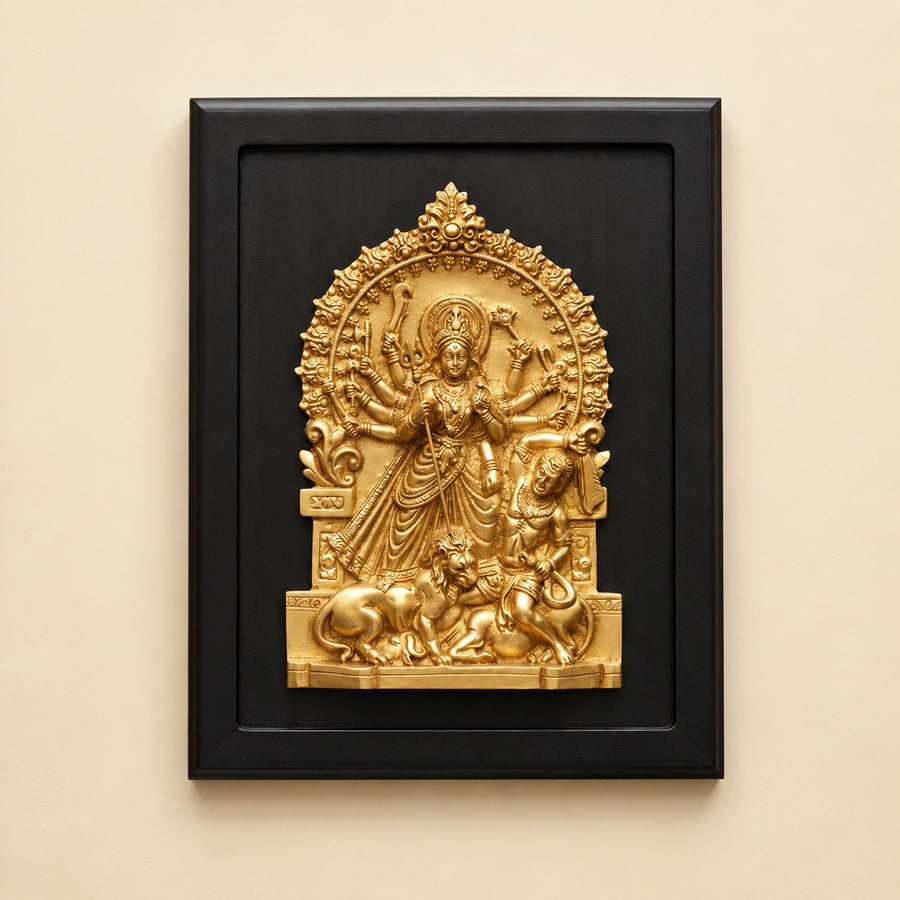 Brass Goddess Durga Wall Hanging with Decorative Frame – Traditional Divine Wall Décor (Height: 13 Inches) Craft Detail