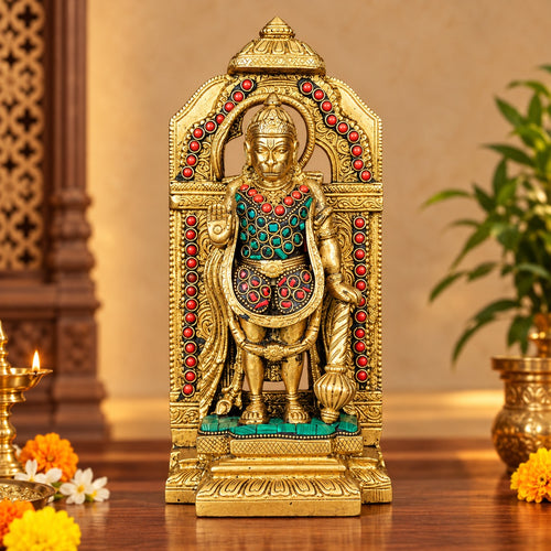 Brass Lord Hanuman Ji Standing Statue with Stonework (Height: 9 Inches)