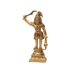 Brass Karuppaswamy sculpture statuette with raised arms, detailed crown and ornaments