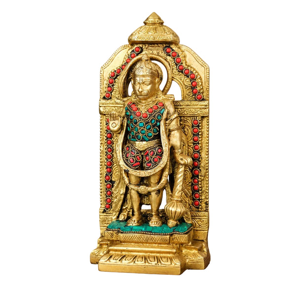 Brass Lord Hanuman Ji Standing Statue with Stonework (Height: 9 Inches) Study Setting