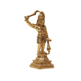 Brass Karuppaswamy sculpture front angle, ornate outfit and small hanging pot in hand