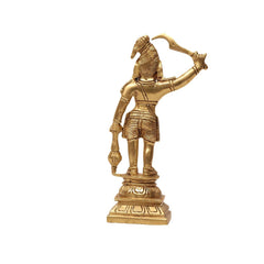 Brass Karuppaswamy sculpture rear-quarter view, flowing hair and draped garment details