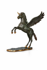 Brass Pegasus statue with green patina, rearing pose, arched wings, gold-toned hooves