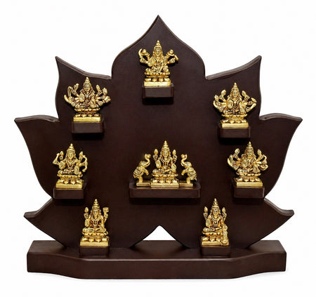 Brass Goddess Ashtalakshmi Idol Set with Wooden Frame – Gold Finish Décor for Diwali Pooja, Mandir & Office (Height:14 Inches)