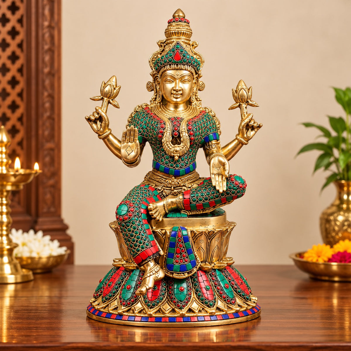 Brass Goddess Lakshmi Maa Statue with Stonework – Traditional Hindu Home Décor (Height: 15 Inches)