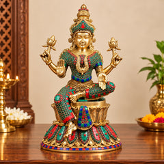 Brass Goddess Lakshmi Maa Statue with Stonework – Traditional Hindu Home Décor (Height: 15 Inches)
