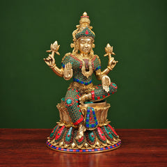 Brass Goddess Lakshmi Maa Statue with Stonework – Traditional Hindu Home Décor (Height: 15 Inches)
