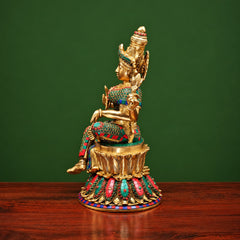 Brass Goddess Lakshmi Maa Statue with Stonework – Traditional Hindu Home Décor (Height: 15 Inches)