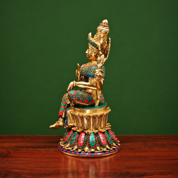 Brass Goddess Lakshmi Maa Statue with Stonework – Traditional Hindu Home Décor (Height: 15 Inches) Study Setting