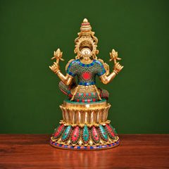 Brass Goddess Lakshmi Maa Statue with Stonework – Traditional Hindu Home Décor (Height: 15 Inches)