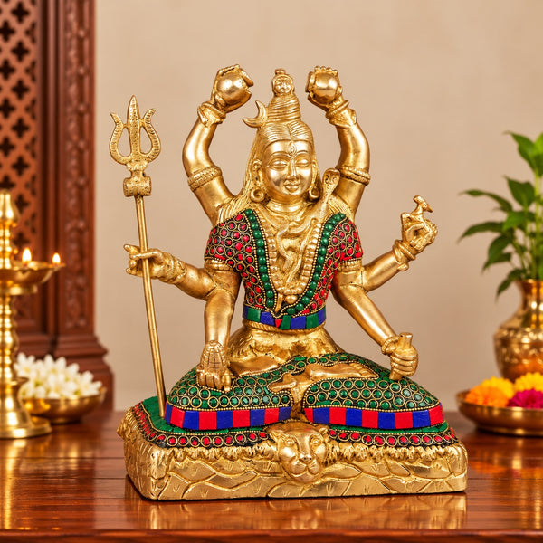 Brass Lord Shiva Statue With Stonework (Height: 10 Inches) Study Setting