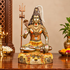 Hand-Painted Brass Shiva Idol With Trishul | Artistic Mahadev Statue (Height: 15.5 Inches)