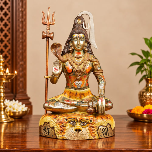 Hand-Painted Brass Shiva Idol With Trishul | Artistic Mahadev Statue (Height: 15.5 Inches)