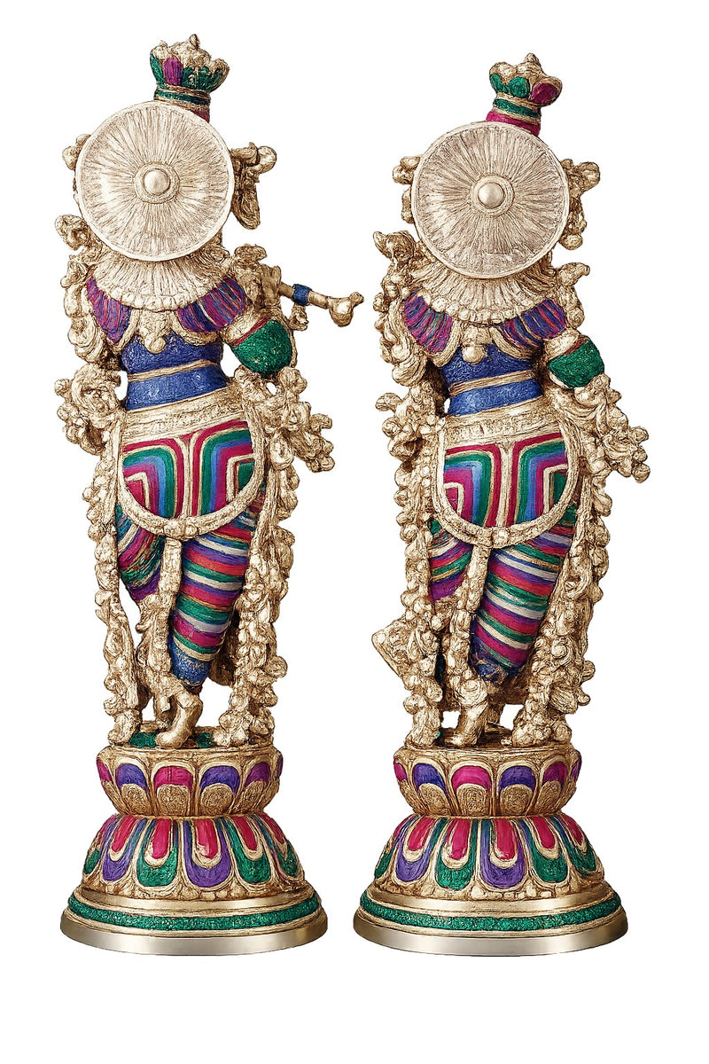 Handcrafted brass Radha Krishna sculpture back view with circular halo discs and ornaments