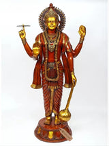 Brass standing Lord Vishnu idol with four arms, detailed gold crown and ornaments.
