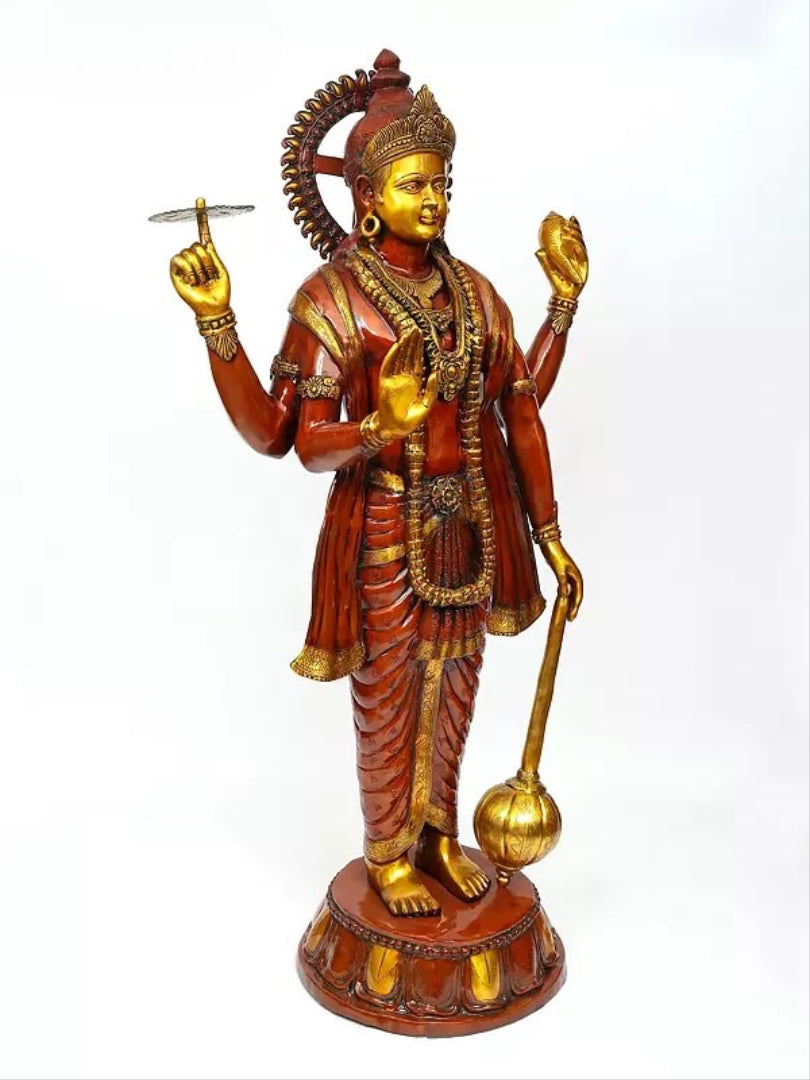 Brass Huge Four Armed Standing Lord Vishnu Idol (Height 72 Inches) Craft Detail