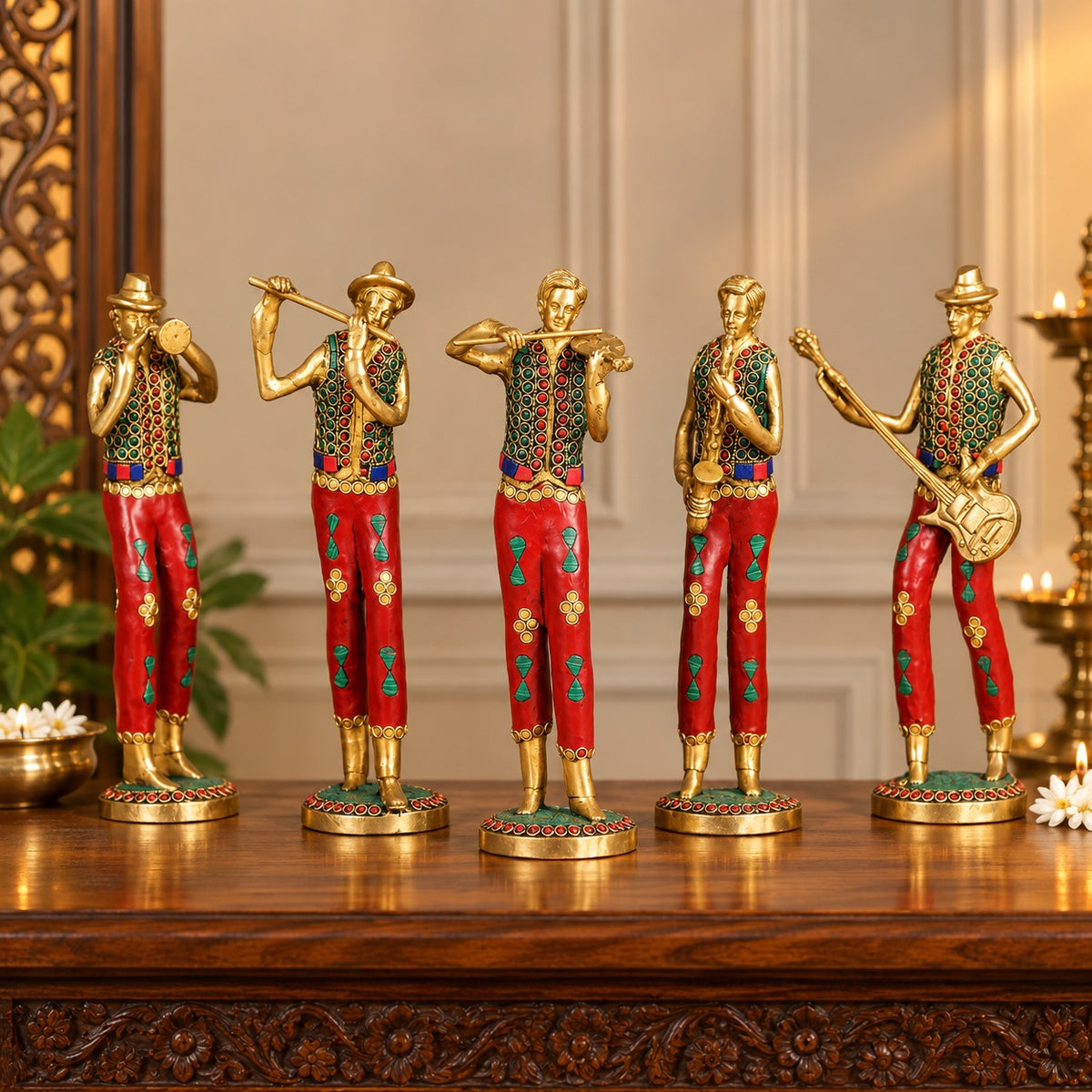 Brass Musician Standing Statue Set of 5 with Mosaic Stonework (Height:11 Inches)