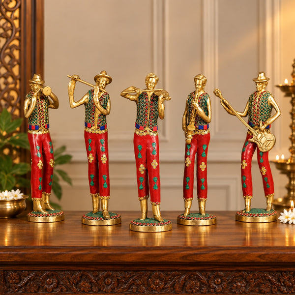 Brass Musician Standing Statue Set of 5 with Mosaic Stonework (Height:11 Inches) Mandir Setting