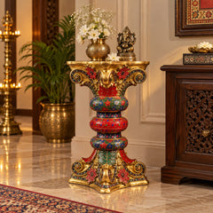 Brass Decorative Pedestal with Stonework – Ornate Display Stand for Idols & Décor (Height:21.5 Inches)