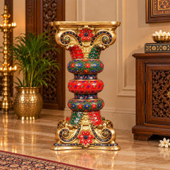 Brass Decorative Pedestal with Stonework – Ornate Display Stand for Idols & Décor (Height:21.5 Inches)