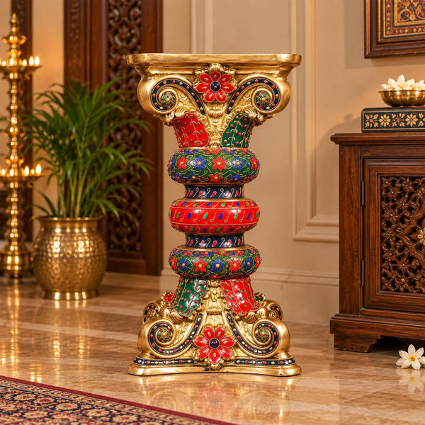 Brass Decorative Pedestal with Stonework – Ornate Display Stand for Idols & Décor (Height:21.5 Inches) Study Setting