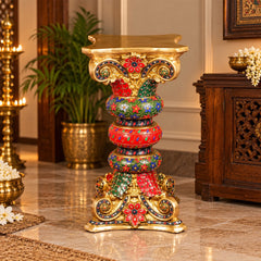 Brass Decorative Pedestal with Stonework – Ornate Display Stand for Idols & Décor (Height:21.5 Inches)