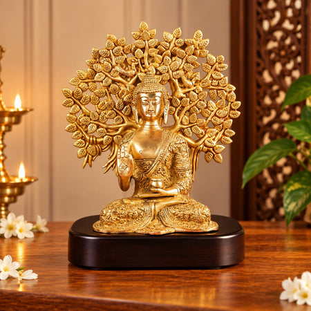 Brass Buddha Idol with Tree Backdrop on Wooden Base – Meditation & Spiritual Décor (Height:11 Inches)