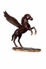 Brass pegasus statue, flying horse with flowing mane and wing details on base