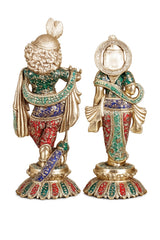 Brass Radha-Krishna sculpture back view, meenakari robes and ornate headpieces, round base
