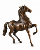 Brass galloping horse figurine, dark bronze finish, 3/4 side view