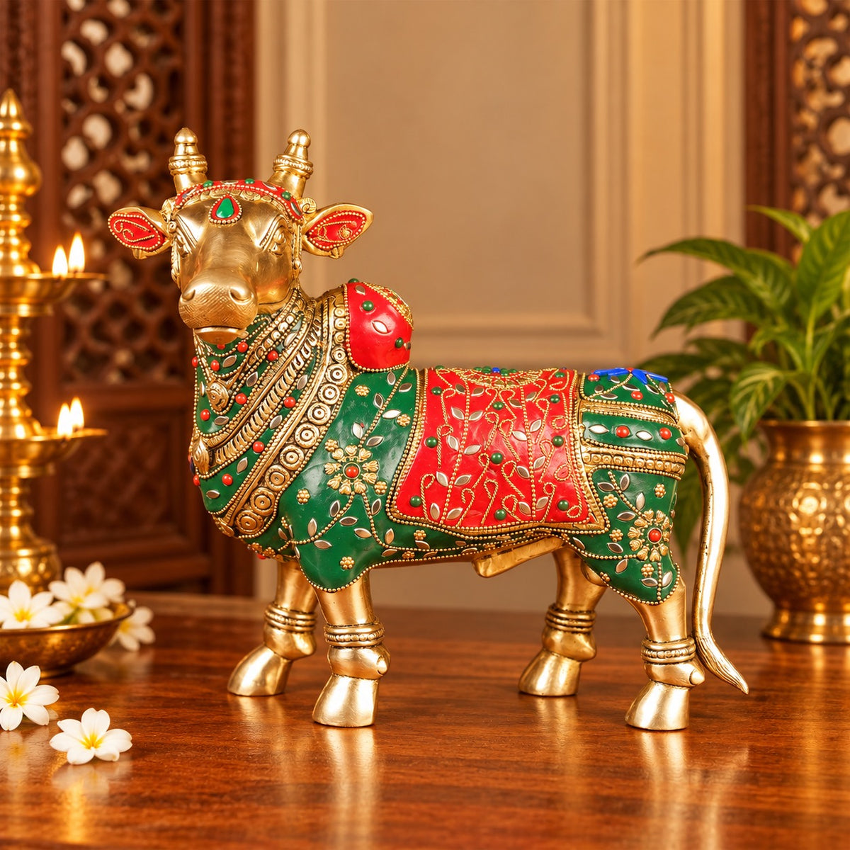 Brass Nandi Bull Idol with Intricate Stonework – Sacred Nandi Statue for Mandir Décor (Height:11 Inches)